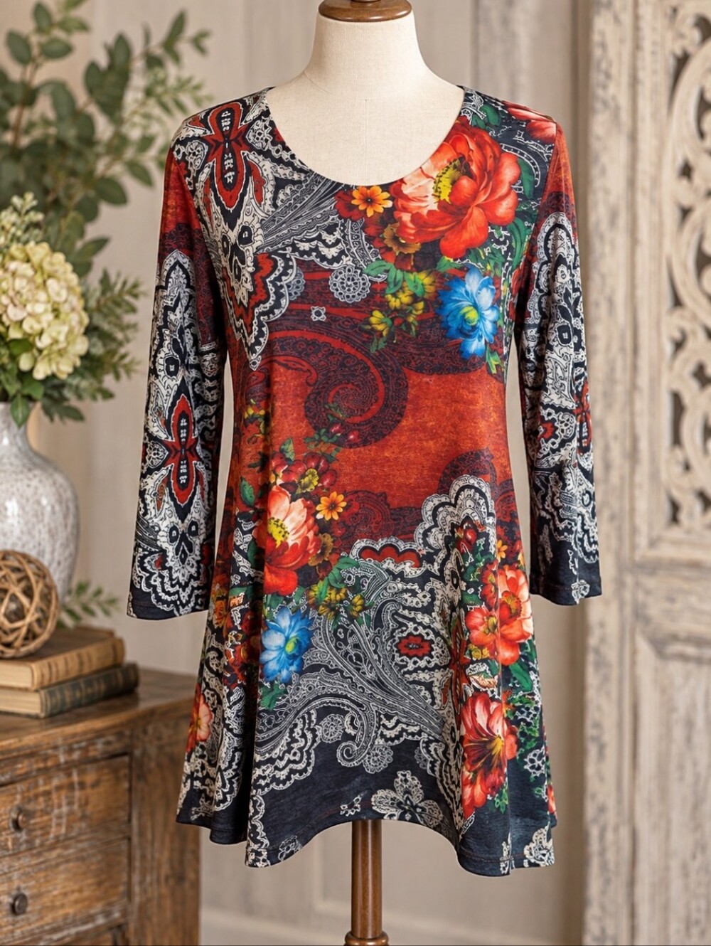 Amma LA Bohemian Paisley Colorful Floral Stretch Hippie Festival Knit Tunic Sz S